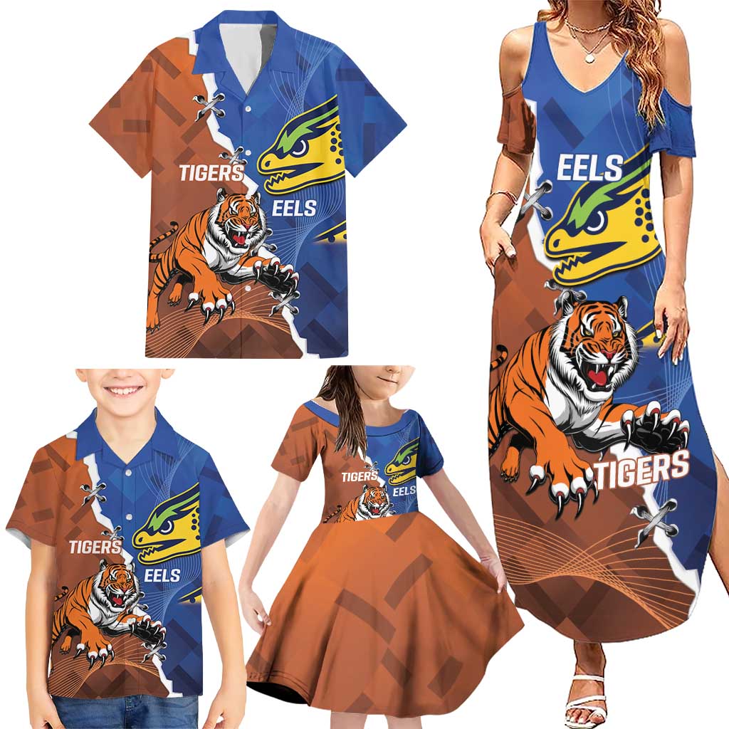 Personalised Tigers and Eels Rugby Family Matching Summer Maxi Dress and Hawaiian Shirt Dynamic Style