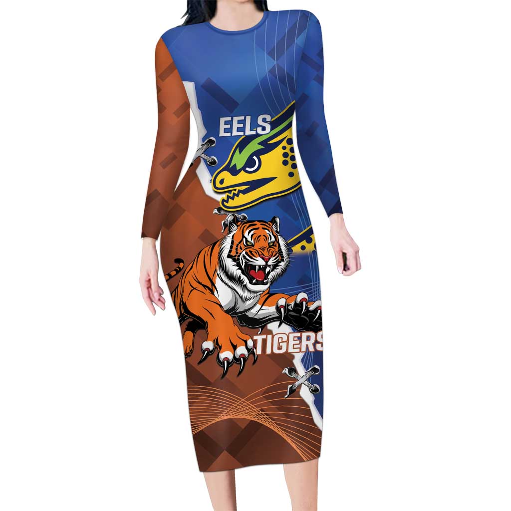 Personalised Tigers and Eels Rugby Long Sleeve Bodycon Dress Dynamic Style