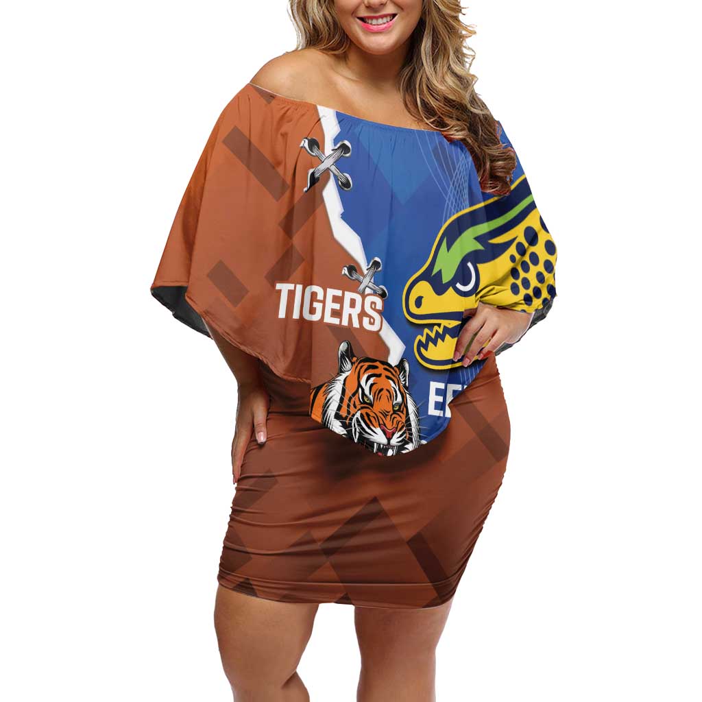 Personalised Tigers and Eels Rugby Off Shoulder Short Dress Dynamic Style