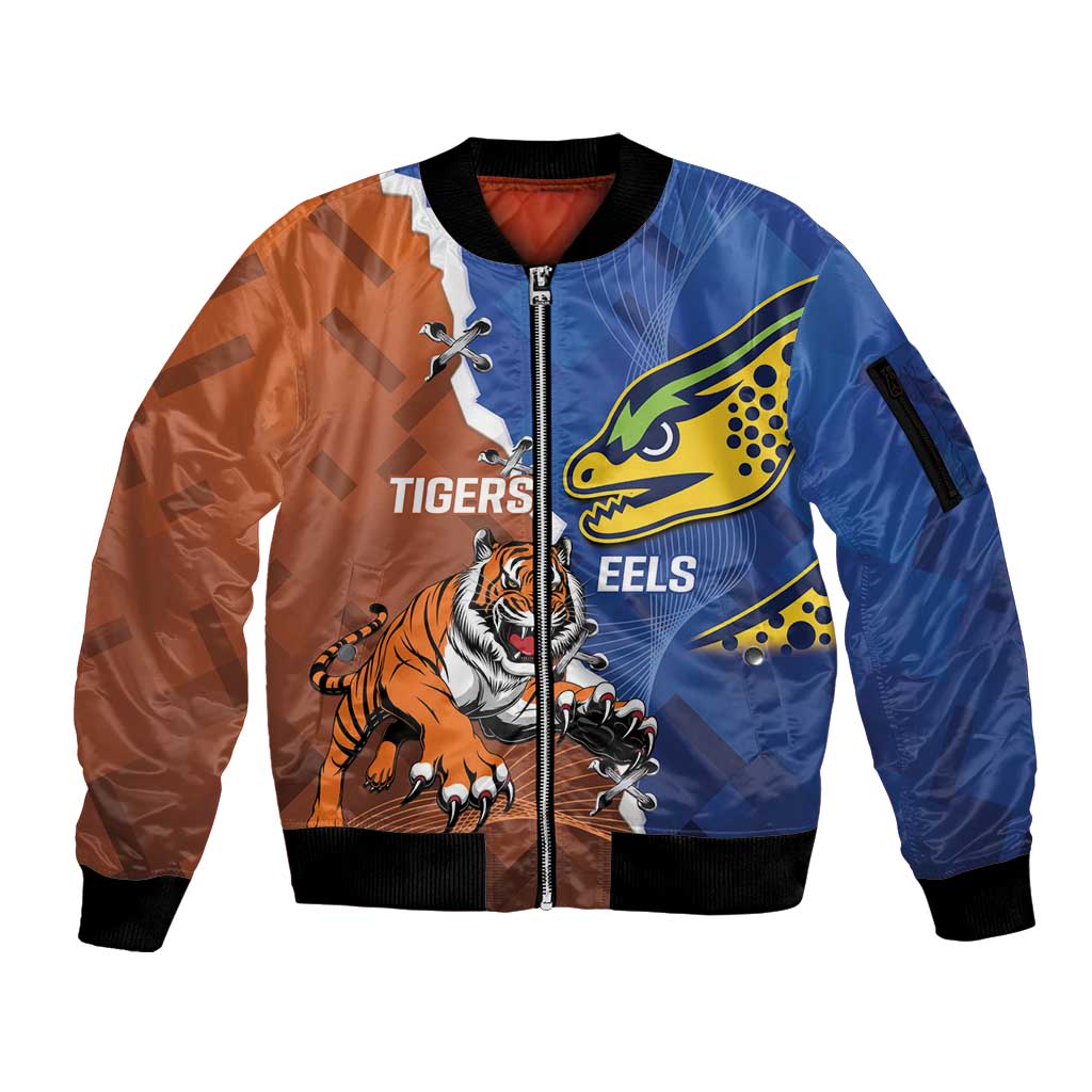 Personalised Tigers and Eels Rugby Sleeve Zip Bomber Jacket Dynamic Style