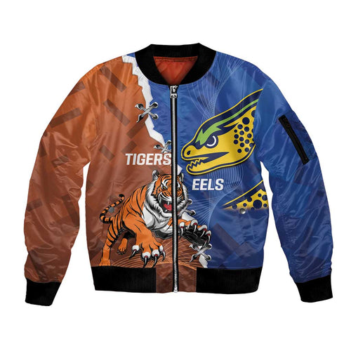 Personalised Tigers and Eels Rugby Sleeve Zip Bomber Jacket Dynamic Style