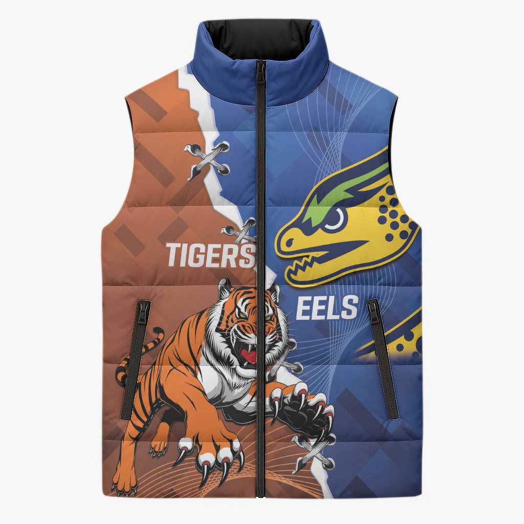 Personalised Tigers and Eels Rugby Sleeveless Puffer Jacket Dynamic Style