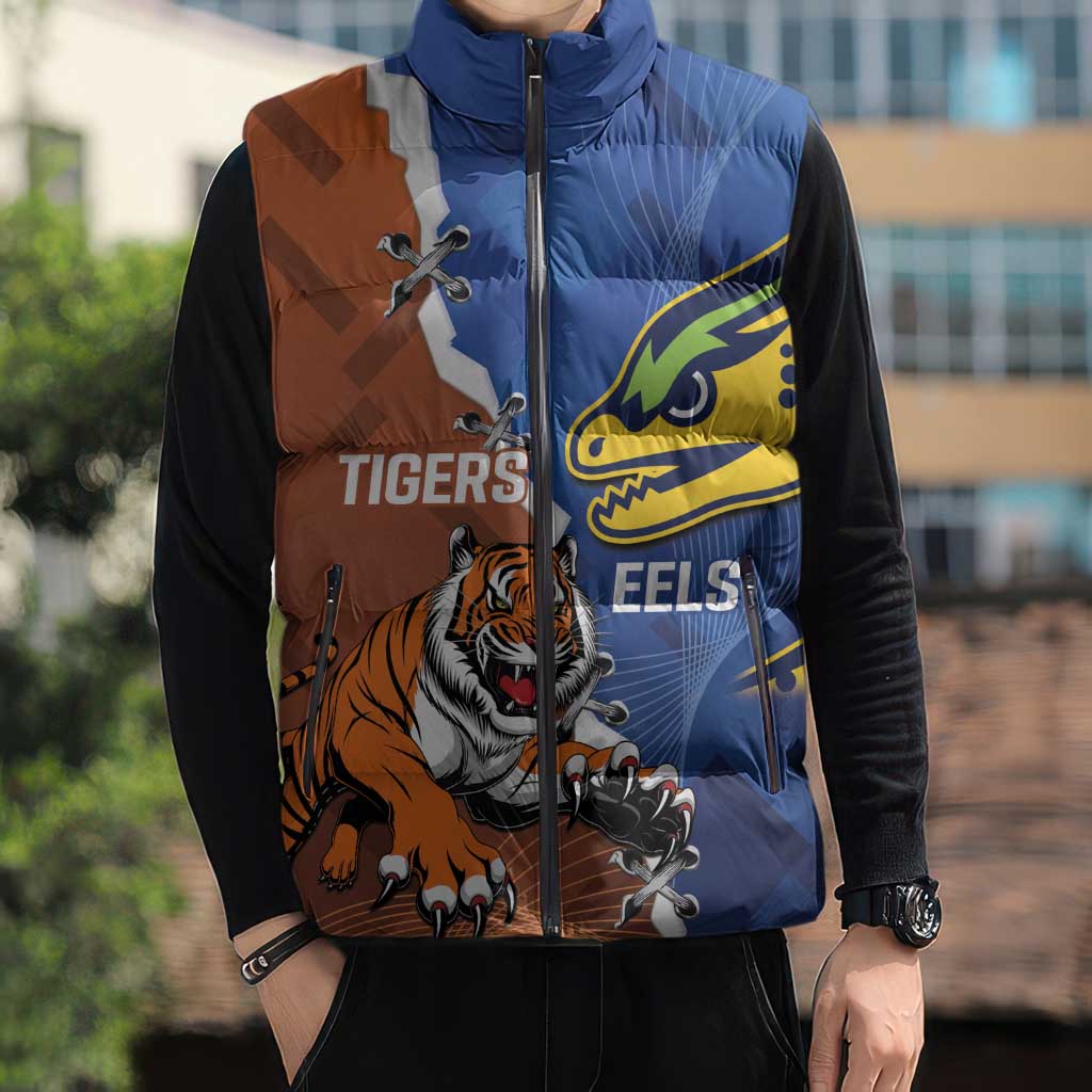 Personalised Tigers and Eels Rugby Sleeveless Puffer Jacket Dynamic Style