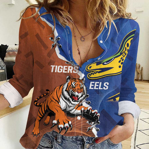 Personalised Tigers and Eels Rugby Women Casual Shirt Dynamic Style