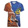 Personalised Tigers and Eels Rugby Women V-Neck T-Shirt Dynamic Style