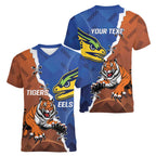 Personalised Tigers and Eels Rugby Women V-Neck T-Shirt Dynamic Style