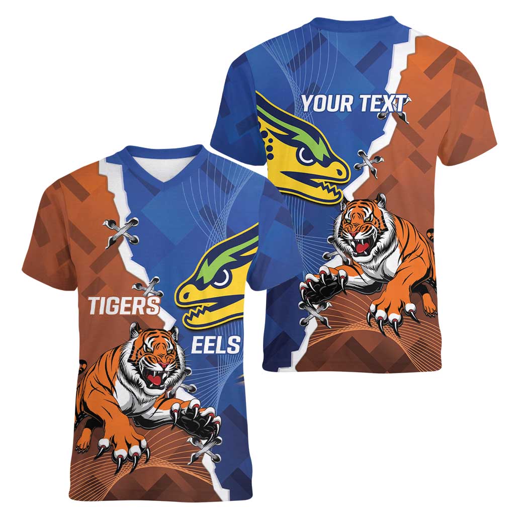 Personalised Tigers and Eels Rugby Women V-Neck T-Shirt Dynamic Style