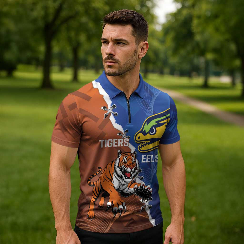 Personalised Tigers and Eels Rugby Zipper Polo Shirt Dynamic Style