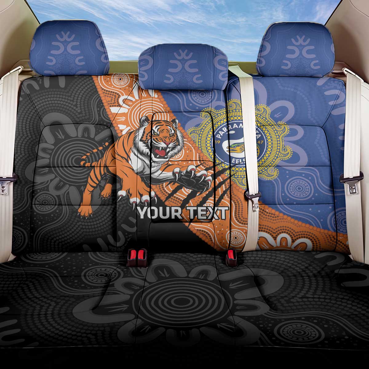 Personalised Tigers and Eels Rugby Back Car Seat Cover Aboriginal Art