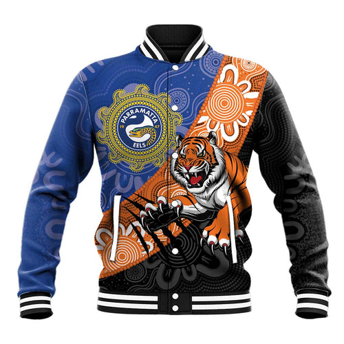 Personalised Tigers and Eels Rugby Baseball Jacket Aboriginal Art
