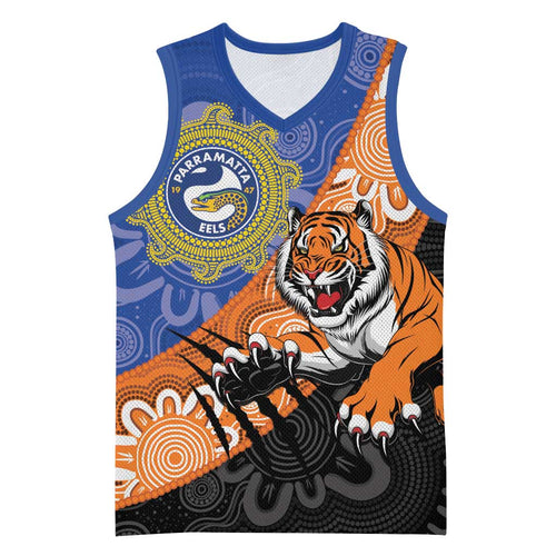 Personalised Tigers and Eels Rugby Basketball Jersey Aboriginal Art