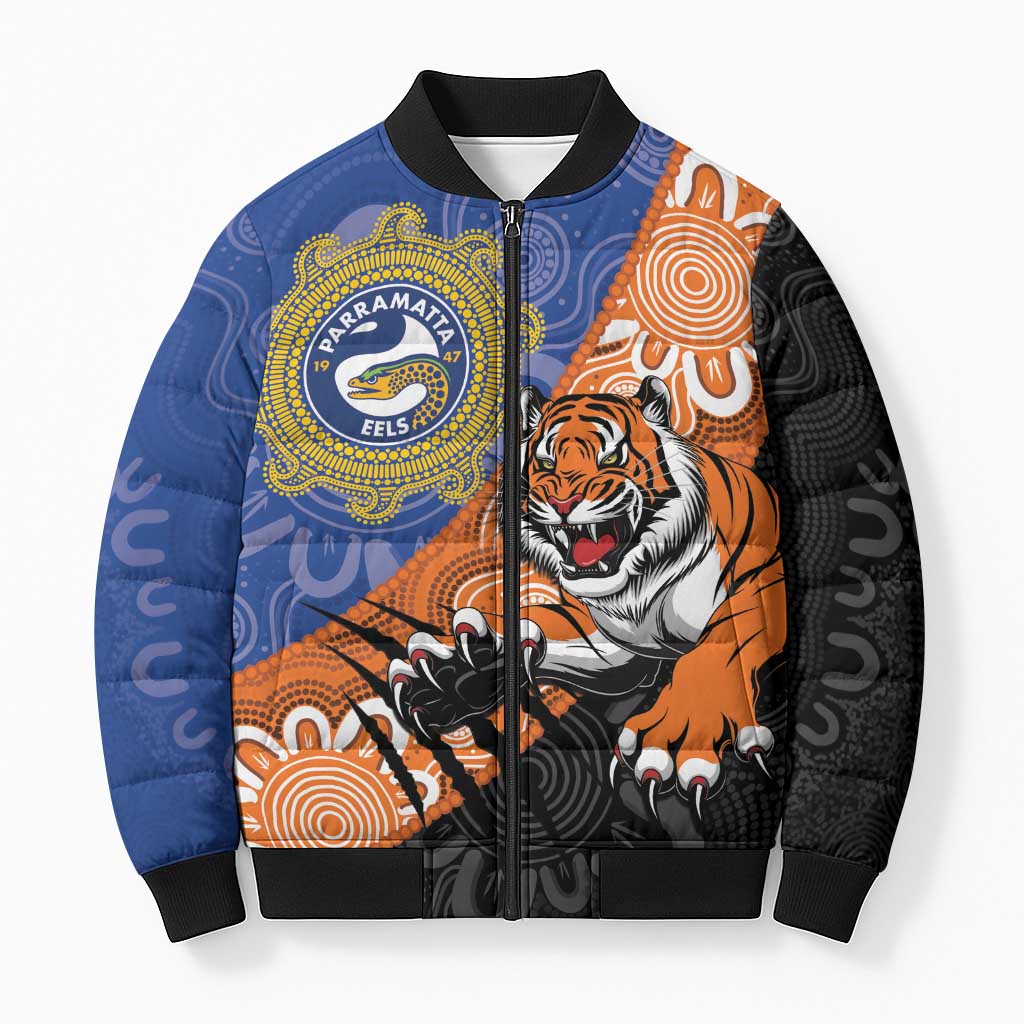 Personalised Tigers and Eels Rugby Bomber Puffer Jacket Aboriginal Art