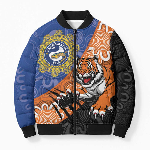 Personalised Tigers and Eels Rugby Bomber Puffer Jacket Aboriginal Art