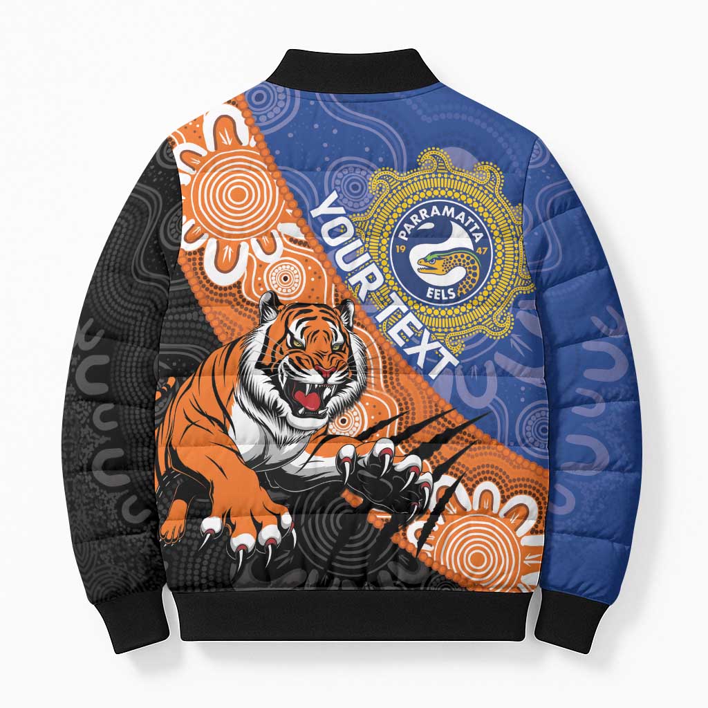 Personalised Tigers and Eels Rugby Bomber Puffer Jacket Aboriginal Art
