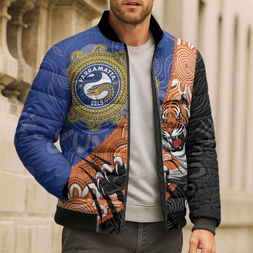 Personalised Tigers and Eels Rugby Bomber Puffer Jacket Aboriginal Art