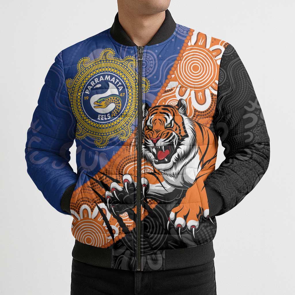 Personalised Tigers and Eels Rugby Bomber Puffer Jacket Aboriginal Art