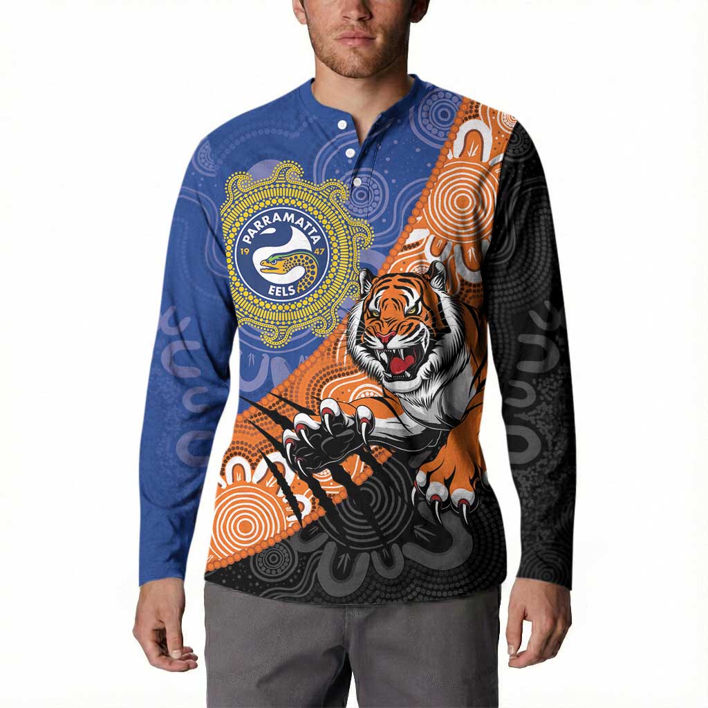 Personalised Tigers and Eels Rugby Button Sweatshirt Aboriginal Art