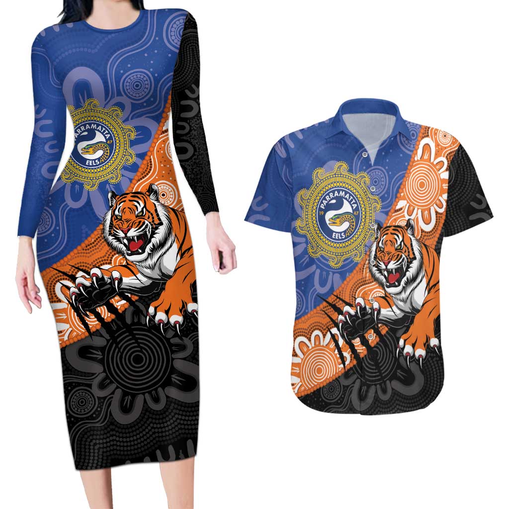 Personalised Tigers and Eels Rugby Couples Matching Long Sleeve Bodycon Dress and Hawaiian Shirt Aboriginal Art