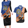 Personalised Tigers and Eels Rugby Couples Matching Long Sleeve Bodycon Dress and Hawaiian Shirt Aboriginal Art