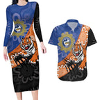 Personalised Tigers and Eels Rugby Couples Matching Long Sleeve Bodycon Dress and Hawaiian Shirt Aboriginal Art