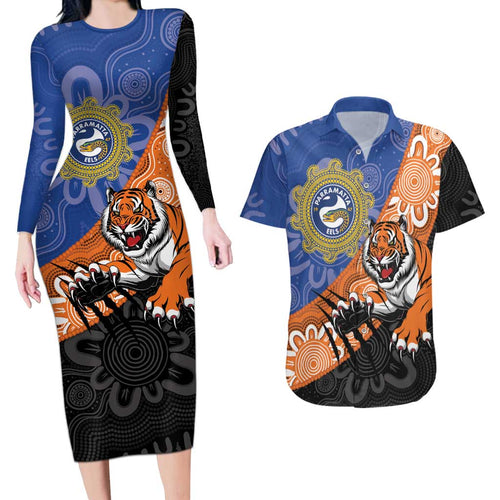 Personalised Tigers and Eels Rugby Couples Matching Long Sleeve Bodycon Dress and Hawaiian Shirt Aboriginal Art