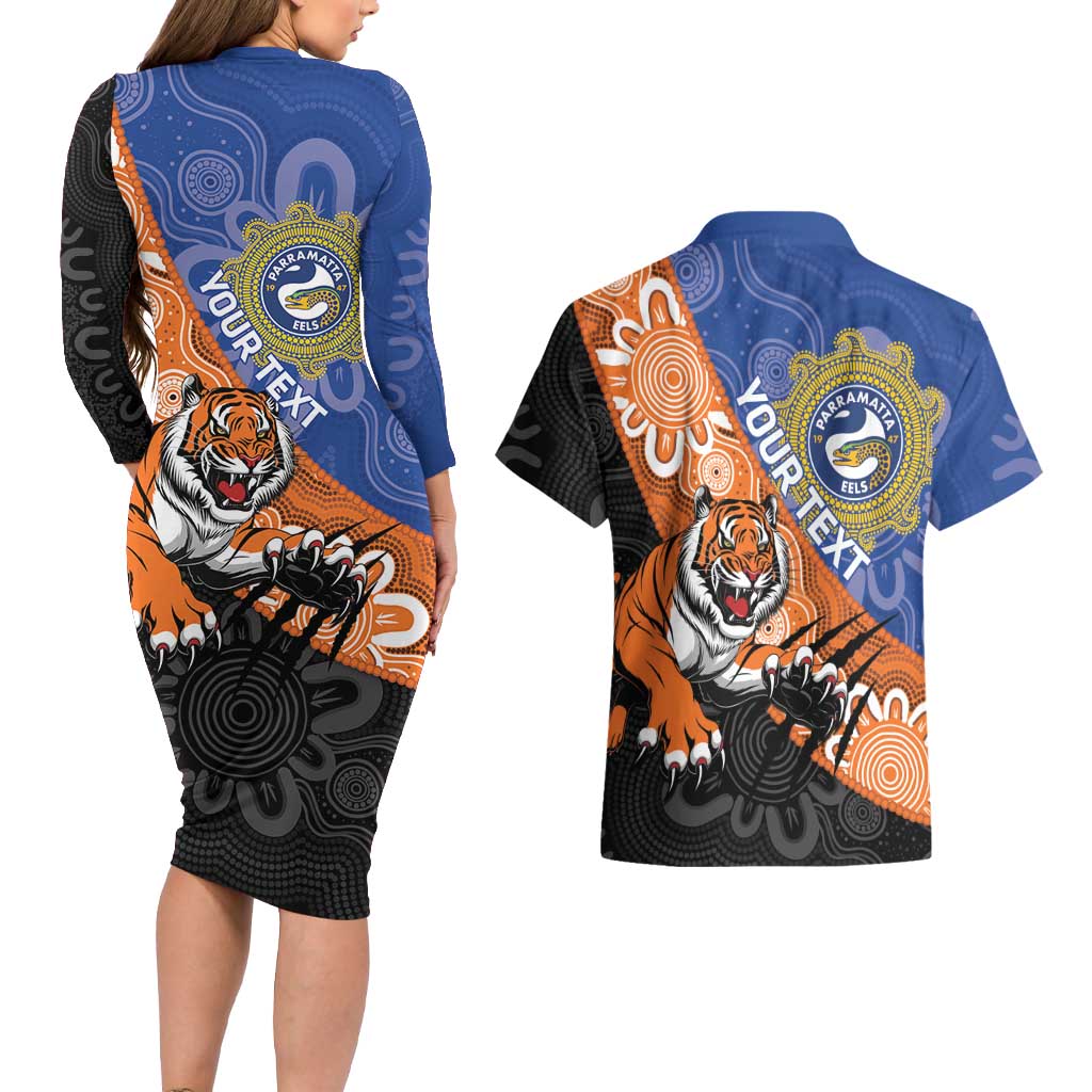Personalised Tigers and Eels Rugby Couples Matching Long Sleeve Bodycon Dress and Hawaiian Shirt Aboriginal Art