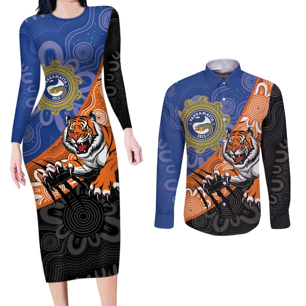 Personalised Tigers and Eels Rugby Couples Matching Long Sleeve Bodycon Dress and Long Sleeve Button Shirt Aboriginal Art