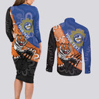 Personalised Tigers and Eels Rugby Couples Matching Long Sleeve Bodycon Dress and Long Sleeve Button Shirt Aboriginal Art