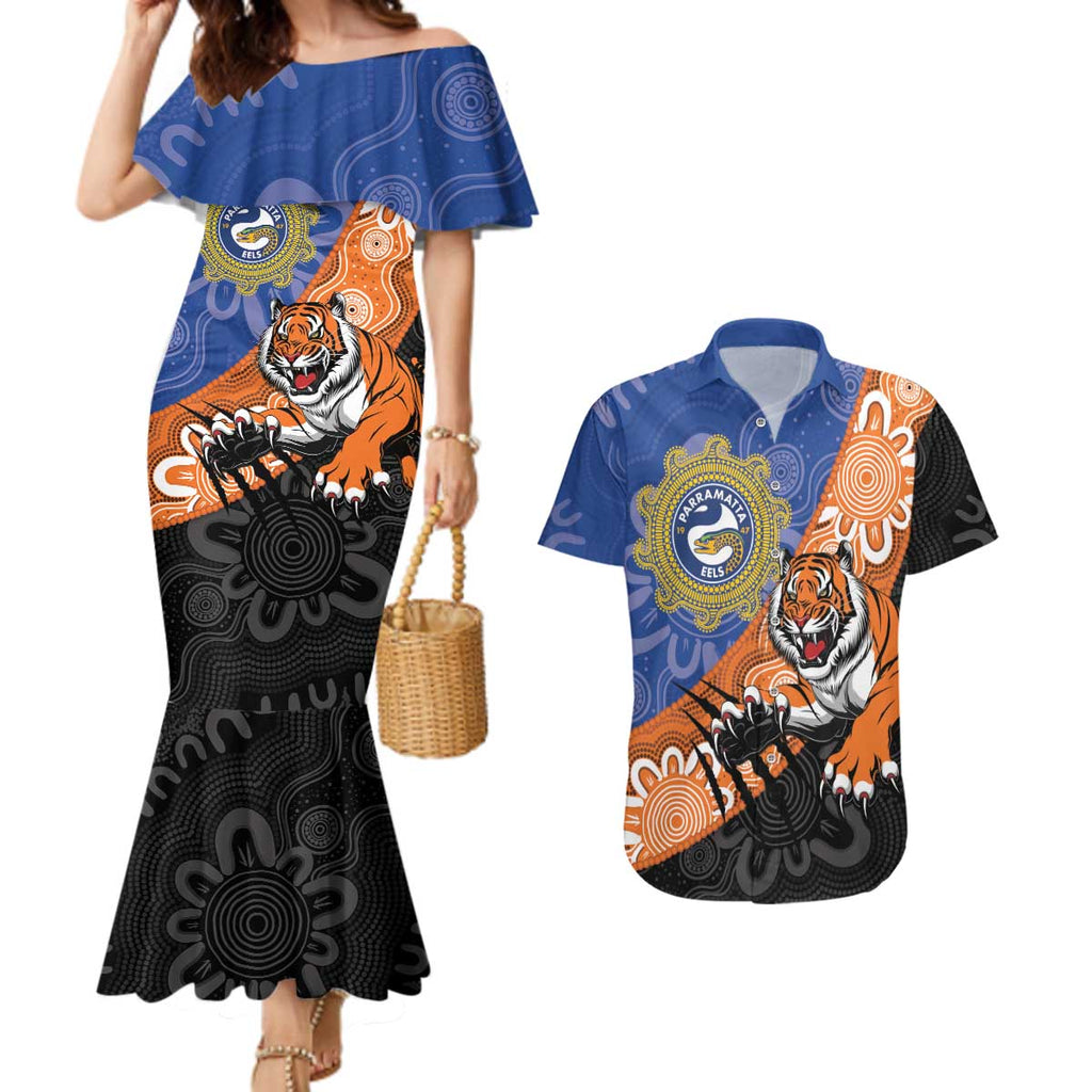 Personalised Tigers and Eels Rugby Couples Matching Mermaid Dress and Hawaiian Shirt Aboriginal Art