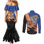 Personalised Tigers and Eels Rugby Couples Matching Mermaid Dress and Long Sleeve Button Shirt Aboriginal Art