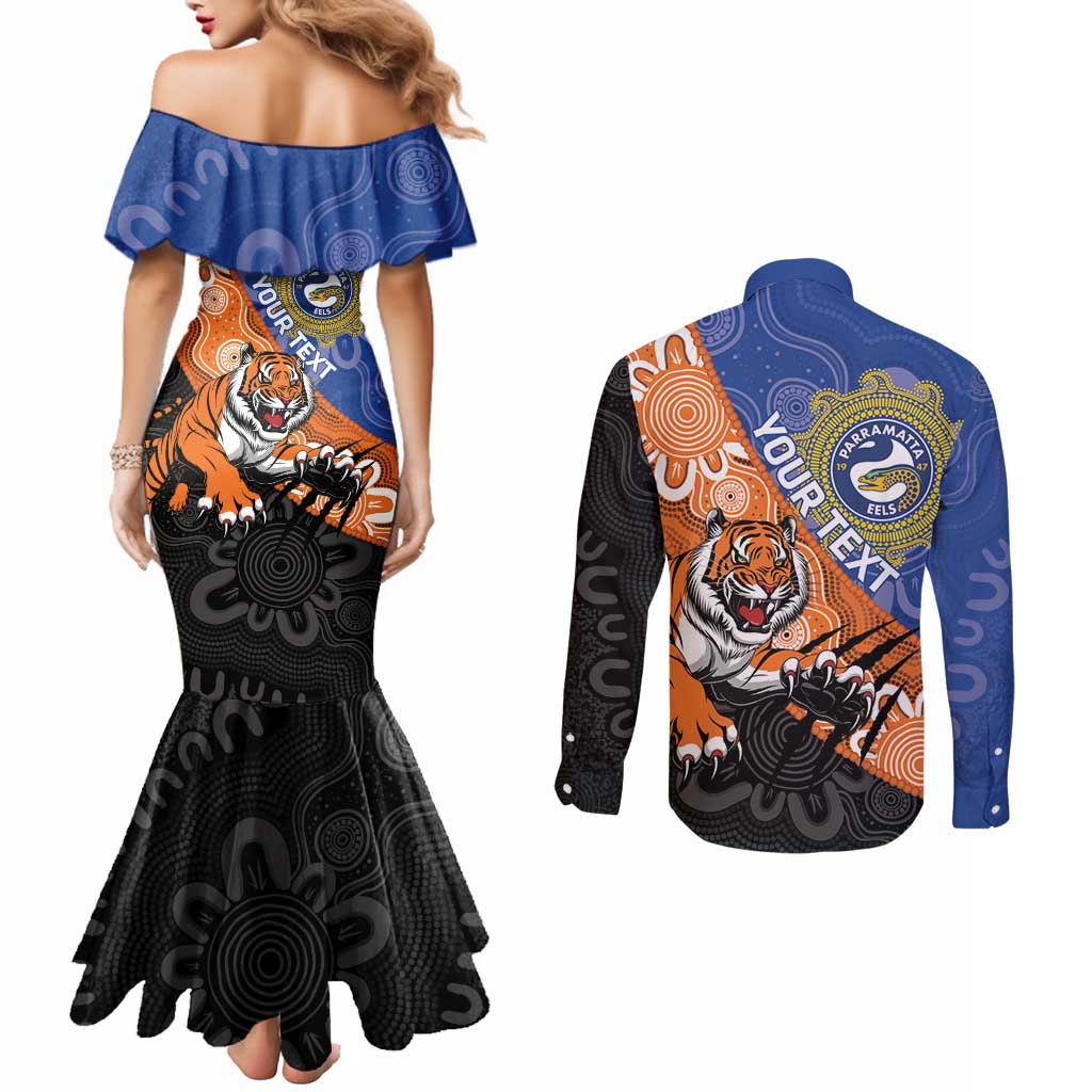 Personalised Tigers and Eels Rugby Couples Matching Mermaid Dress and Long Sleeve Button Shirt Aboriginal Art