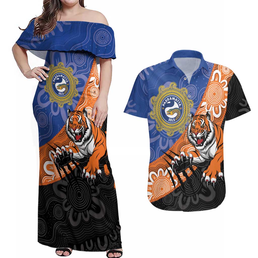 Personalised Tigers and Eels Rugby Couples Matching Off Shoulder Maxi Dress and Hawaiian Shirt Aboriginal Art