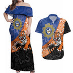 Personalised Tigers and Eels Rugby Couples Matching Off Shoulder Maxi Dress and Hawaiian Shirt Aboriginal Art