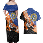 Personalised Tigers and Eels Rugby Couples Matching Off Shoulder Maxi Dress and Hawaiian Shirt Aboriginal Art