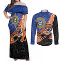 Personalised Tigers and Eels Rugby Couples Matching Off Shoulder Maxi Dress and Long Sleeve Button Shirt Aboriginal Art