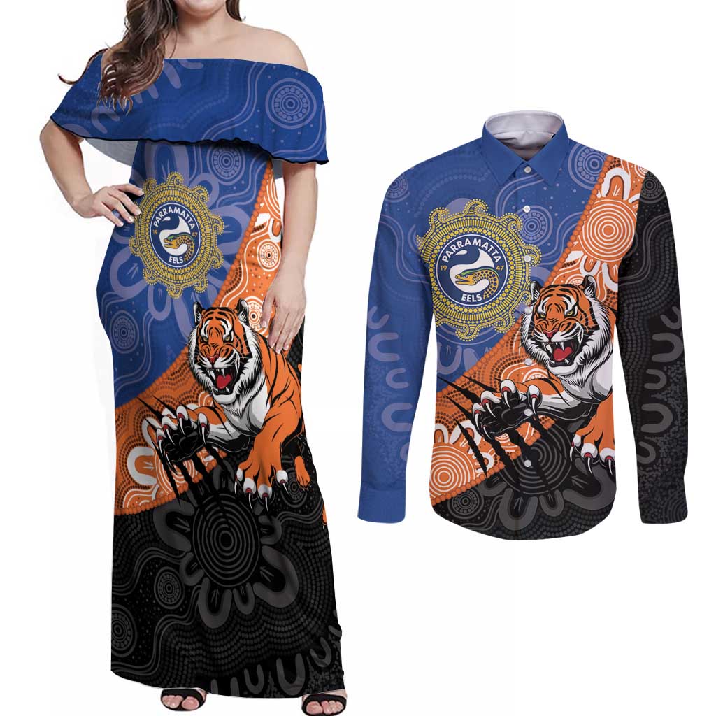Personalised Tigers and Eels Rugby Couples Matching Off Shoulder Maxi Dress and Long Sleeve Button Shirt Aboriginal Art
