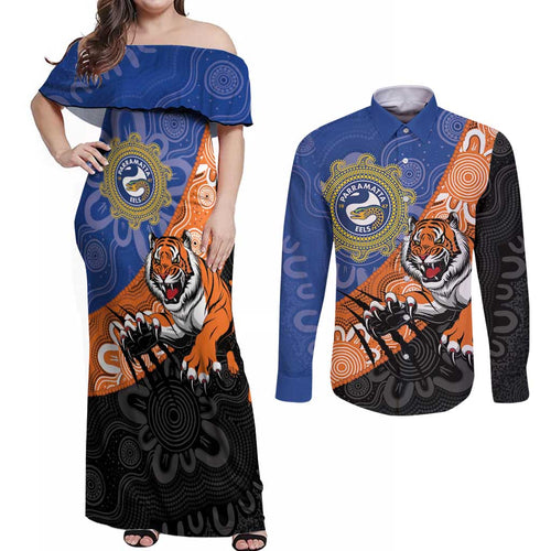 Personalised Tigers and Eels Rugby Couples Matching Off Shoulder Maxi Dress and Long Sleeve Button Shirt Aboriginal Art