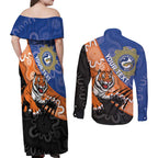 Personalised Tigers and Eels Rugby Couples Matching Off Shoulder Maxi Dress and Long Sleeve Button Shirt Aboriginal Art