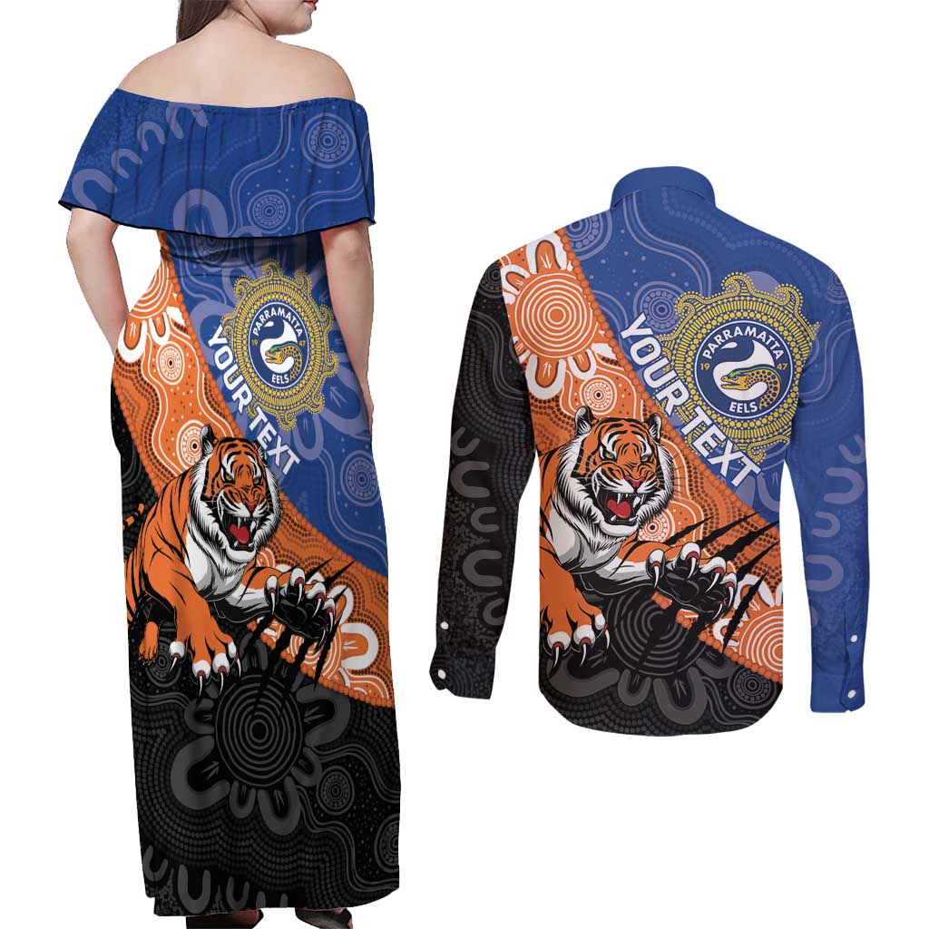 Personalised Tigers and Eels Rugby Couples Matching Off Shoulder Maxi Dress and Long Sleeve Button Shirt Aboriginal Art