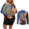 Personalised Tigers and Eels Rugby Couples Matching Off Shoulder Short Dress and Long Sleeve Button Shirt Aboriginal Art
