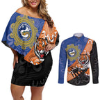 Personalised Tigers and Eels Rugby Couples Matching Off Shoulder Short Dress and Long Sleeve Button Shirt Aboriginal Art