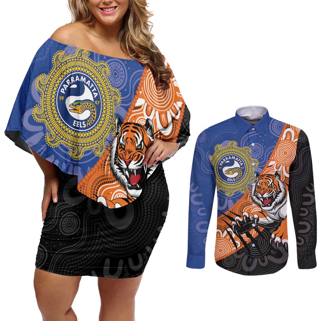 Personalised Tigers and Eels Rugby Couples Matching Off Shoulder Short Dress and Long Sleeve Button Shirt Aboriginal Art