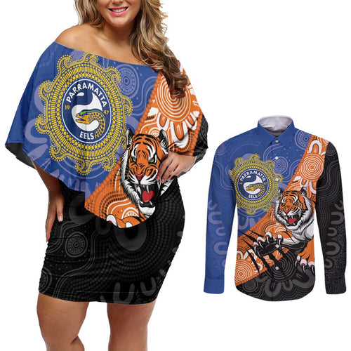 Personalised Tigers and Eels Rugby Couples Matching Off Shoulder Short Dress and Long Sleeve Button Shirt Aboriginal Art