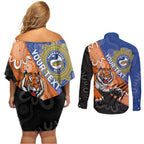 Personalised Tigers and Eels Rugby Couples Matching Off Shoulder Short Dress and Long Sleeve Button Shirt Aboriginal Art
