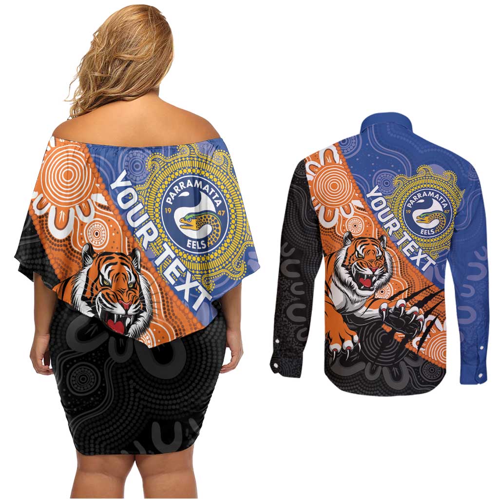 Personalised Tigers and Eels Rugby Couples Matching Off Shoulder Short Dress and Long Sleeve Button Shirt Aboriginal Art