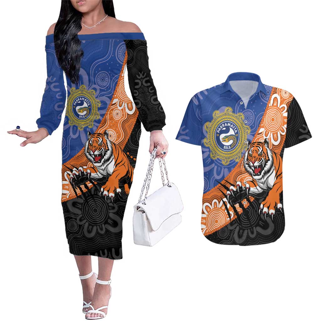 Personalised Tigers and Eels Rugby Couples Matching Off The Shoulder Long Sleeve Dress and Hawaiian Shirt Aboriginal Art