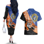 Personalised Tigers and Eels Rugby Couples Matching Off The Shoulder Long Sleeve Dress and Hawaiian Shirt Aboriginal Art