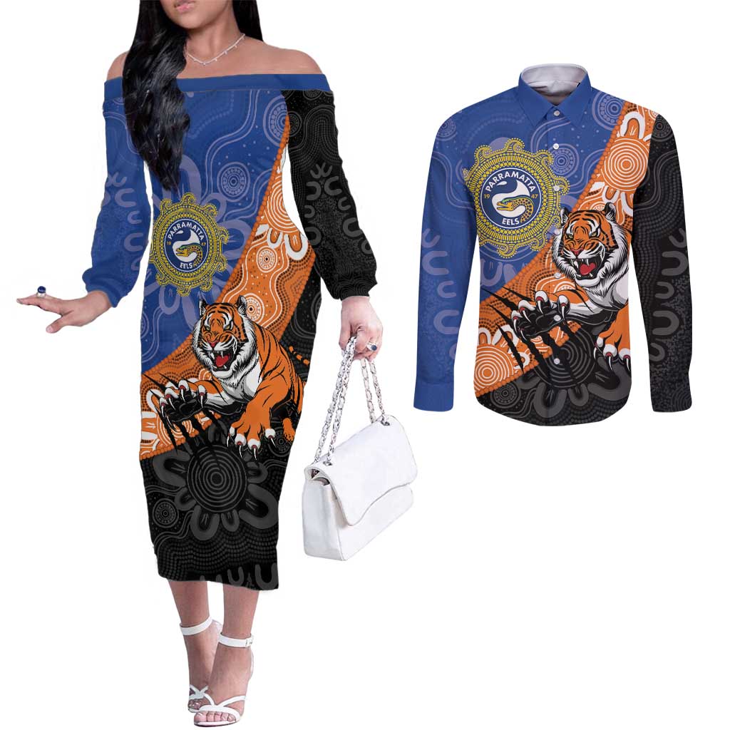 Personalised Tigers and Eels Rugby Couples Matching Off The Shoulder Long Sleeve Dress and Long Sleeve Button Shirt Aboriginal Art
