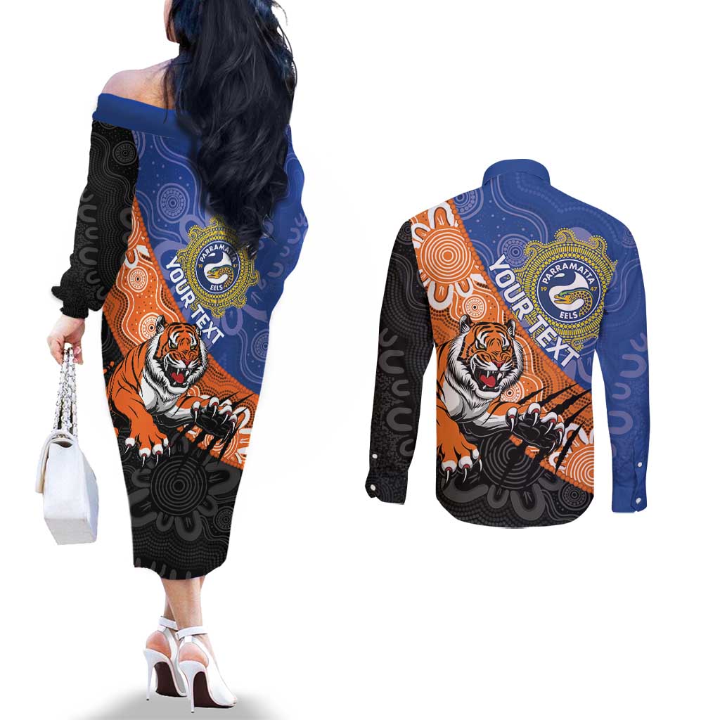 Personalised Tigers and Eels Rugby Couples Matching Off The Shoulder Long Sleeve Dress and Long Sleeve Button Shirt Aboriginal Art