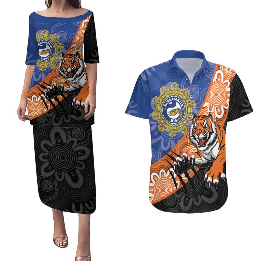 Personalised Tigers and Eels Rugby Couples Matching Puletasi and Hawaiian Shirt Aboriginal Art